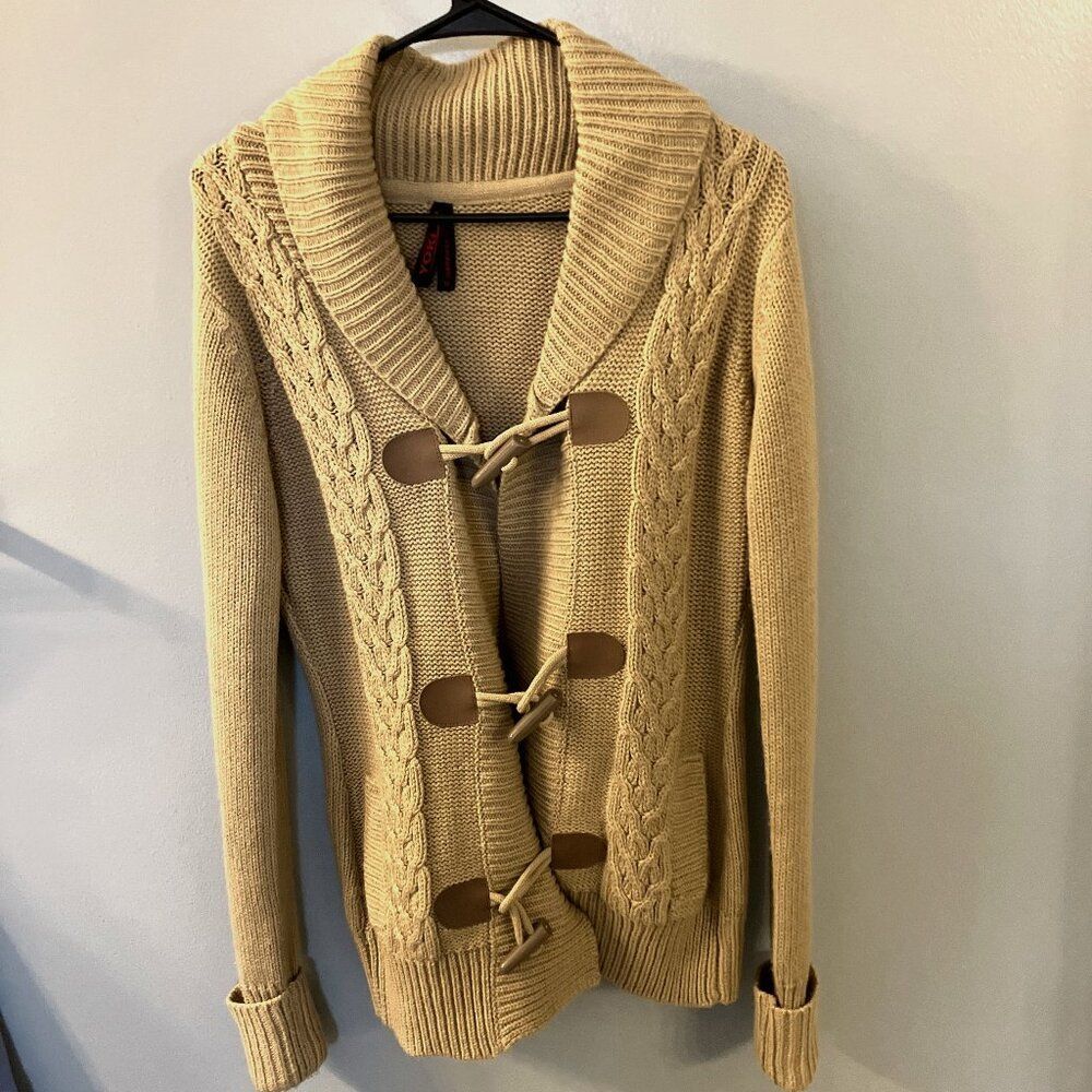 Yoki Womens Cable Knit Cardigan Sweater Tan Size Medium